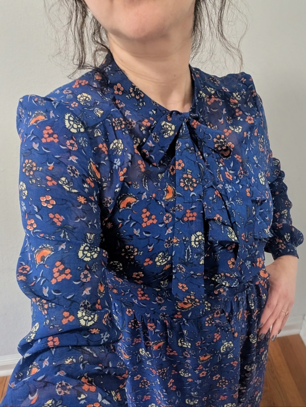 Navy Floral Tie-Neck Long Sleeve Dress